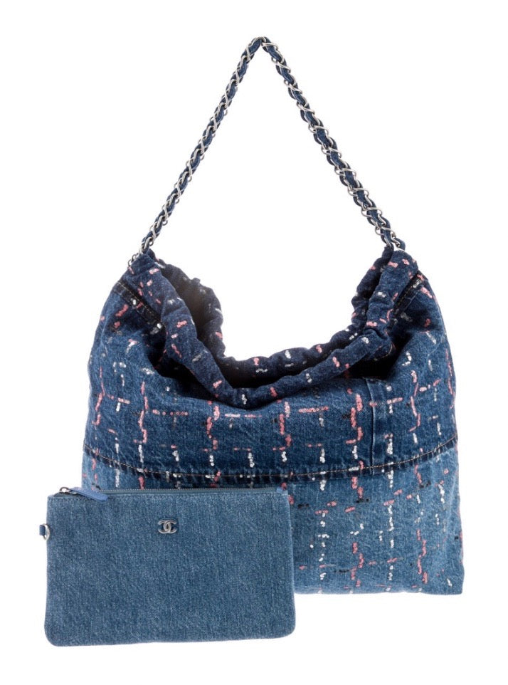 CHANEL DENIM SEQUIN 22 HOBO BAG