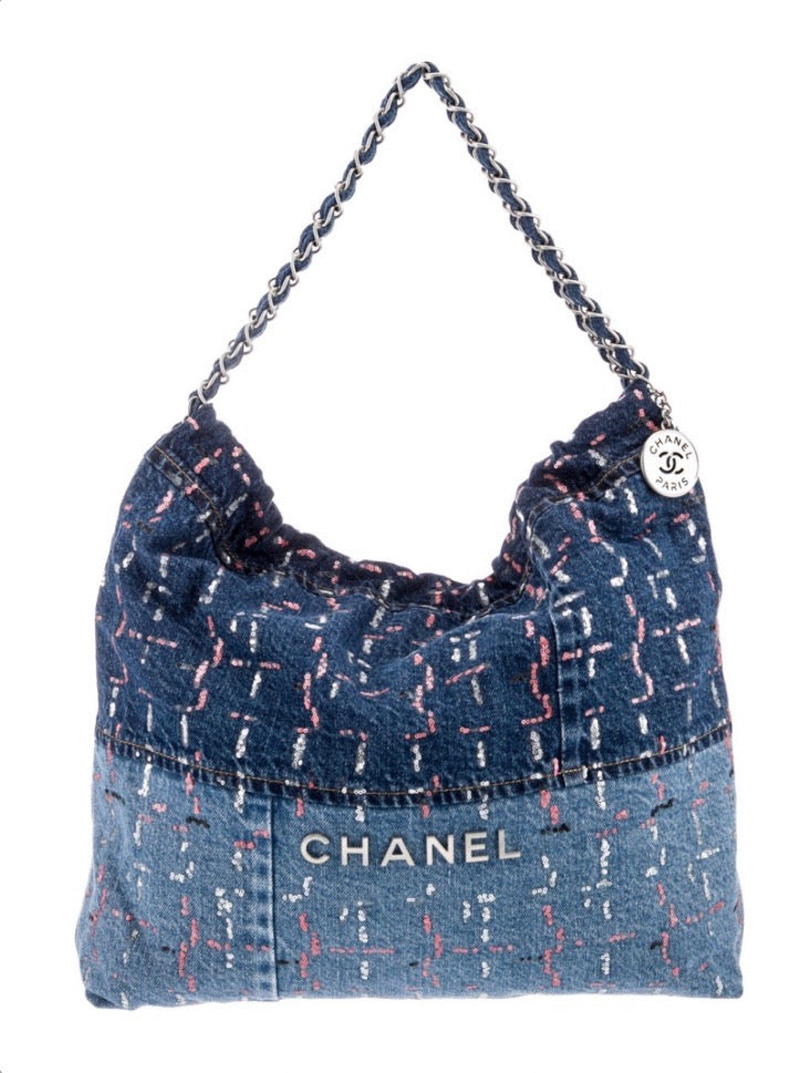CHANEL DENIM SEQUIN 22 HOBO BAG