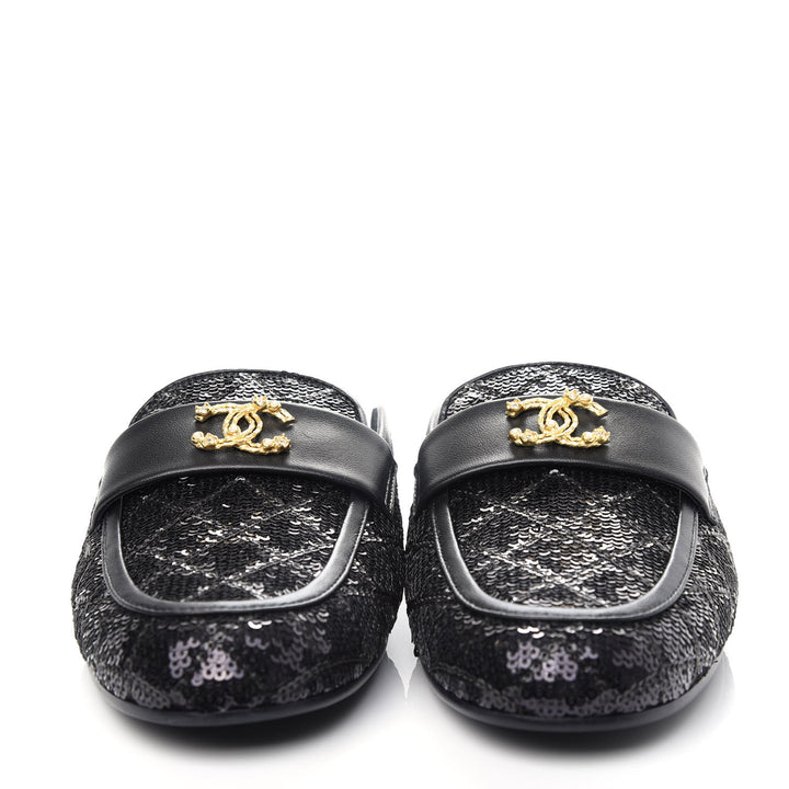 CHANEL SEQUIN LAMBSKIN QUILTED CC MULES