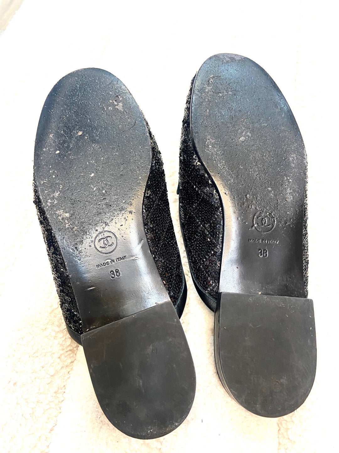 CHANEL SEQUIN LAMBSKIN QUILTED CC MULES