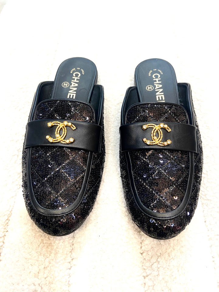CHANEL SEQUIN LAMBSKIN QUILTED CC MULES