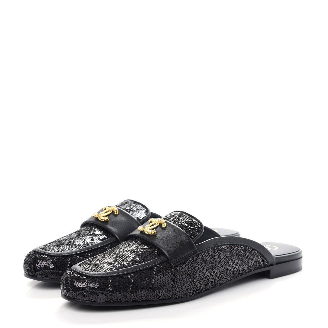 CHANEL SEQUIN LAMBSKIN QUILTED CC MULES