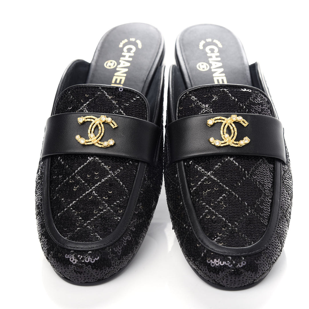 CHANEL SEQUIN LAMBSKIN QUILTED CC MULES