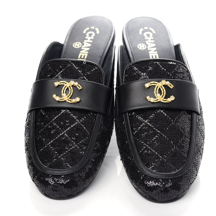 CHANEL SEQUIN LAMBSKIN QUILTED CC MULES