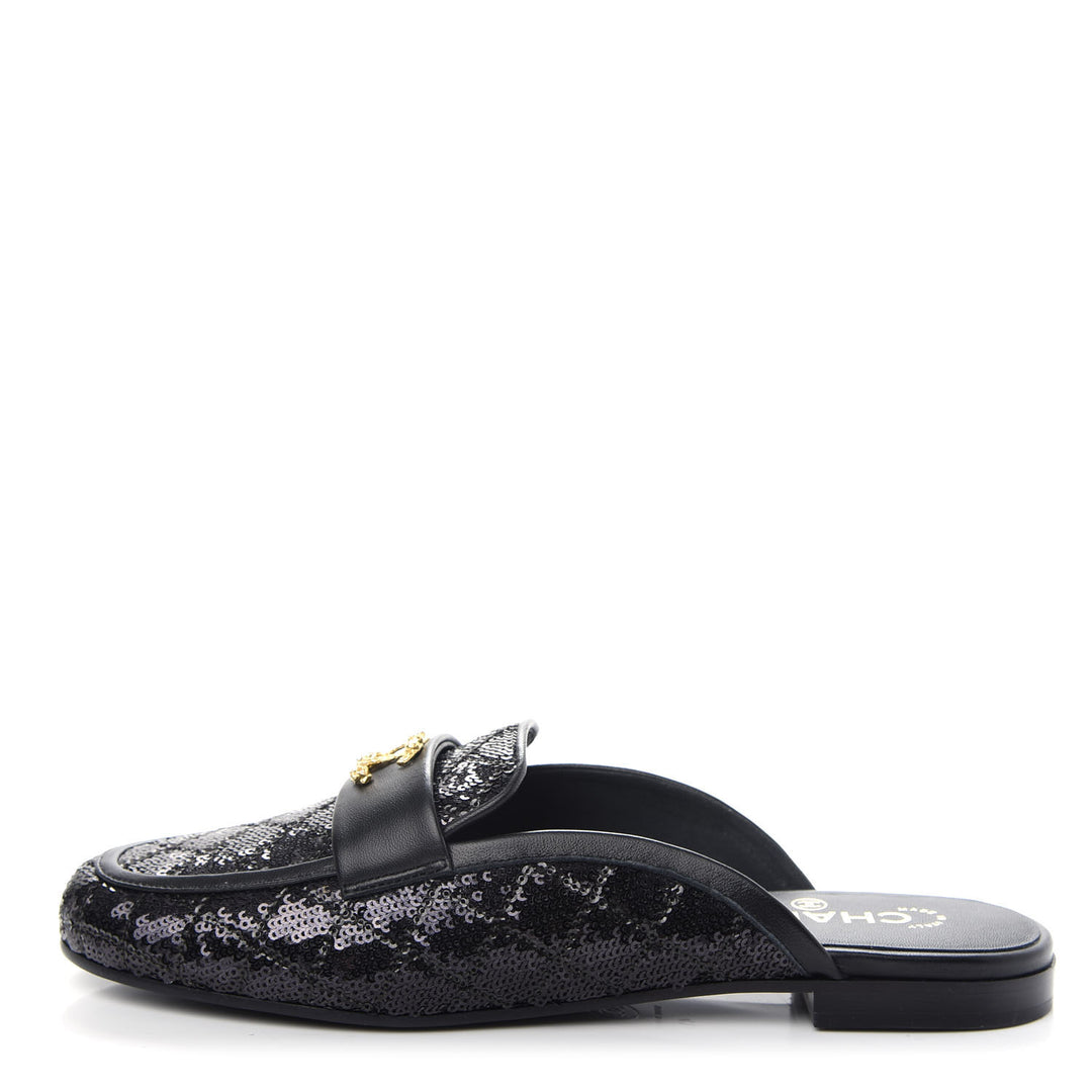CHANEL SEQUIN LAMBSKIN QUILTED CC MULES