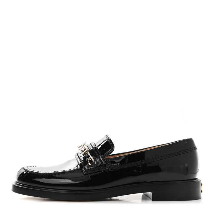 CHANEL SHINY PATENT CALFSKIN LOGO LOAFERS