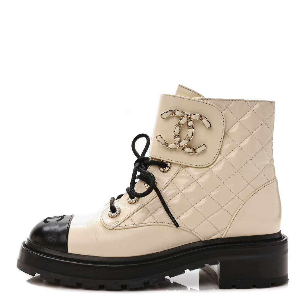 CHANEL SHINY GOATSKIN QUILTED CALFSKIN LACE UP COMBAT BOOTS