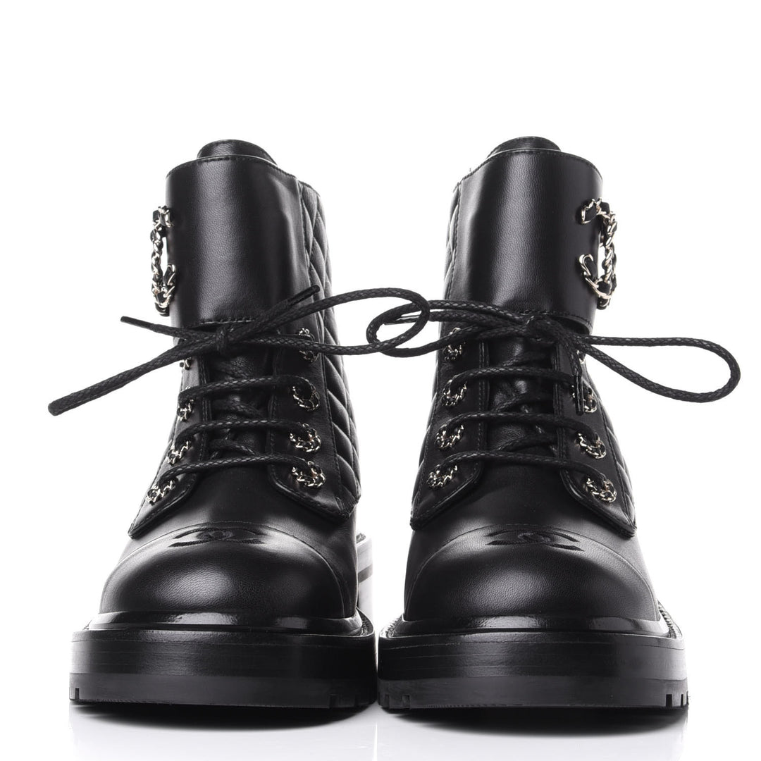 CHANEL SHINY QUILTED GOATSKIN CALFSKIN LACE-UP COMBAT BOOTS