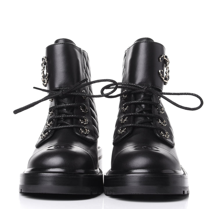 CHANEL SHINY QUILTED GOATSKIN CALFSKIN LACE-UP COMBAT BOOTS