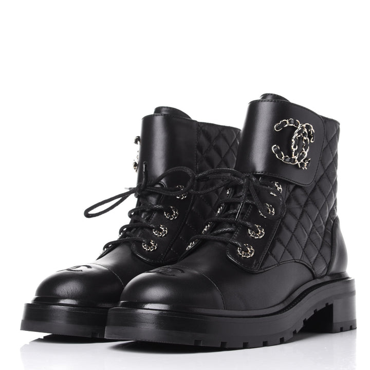 CHANEL SHINY QUILTED GOATSKIN CALFSKIN LACE-UP COMBAT BOOTS