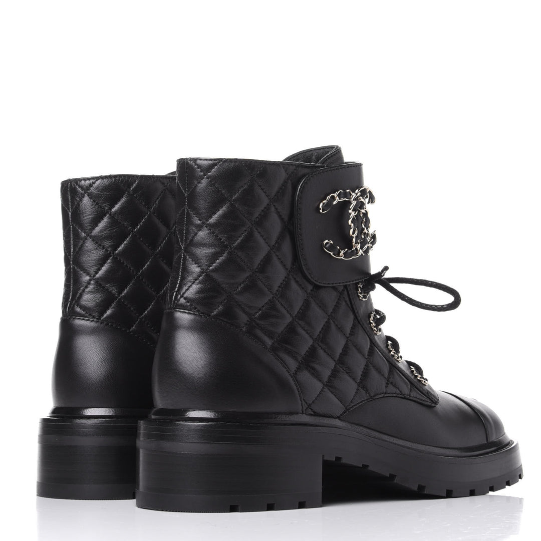 CHANEL SHINY QUILTED GOATSKIN CALFSKIN LACE-UP COMBAT BOOTS
