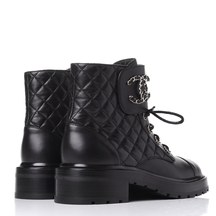 CHANEL SHINY QUILTED GOATSKIN CALFSKIN LACE-UP COMBAT BOOTS