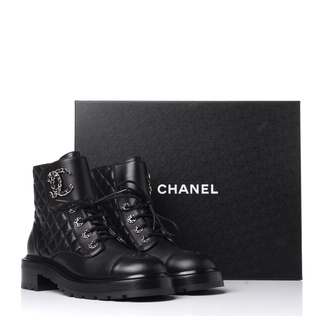 CHANEL SHINY QUILTED GOATSKIN CALFSKIN LACE-UP COMBAT BOOTS