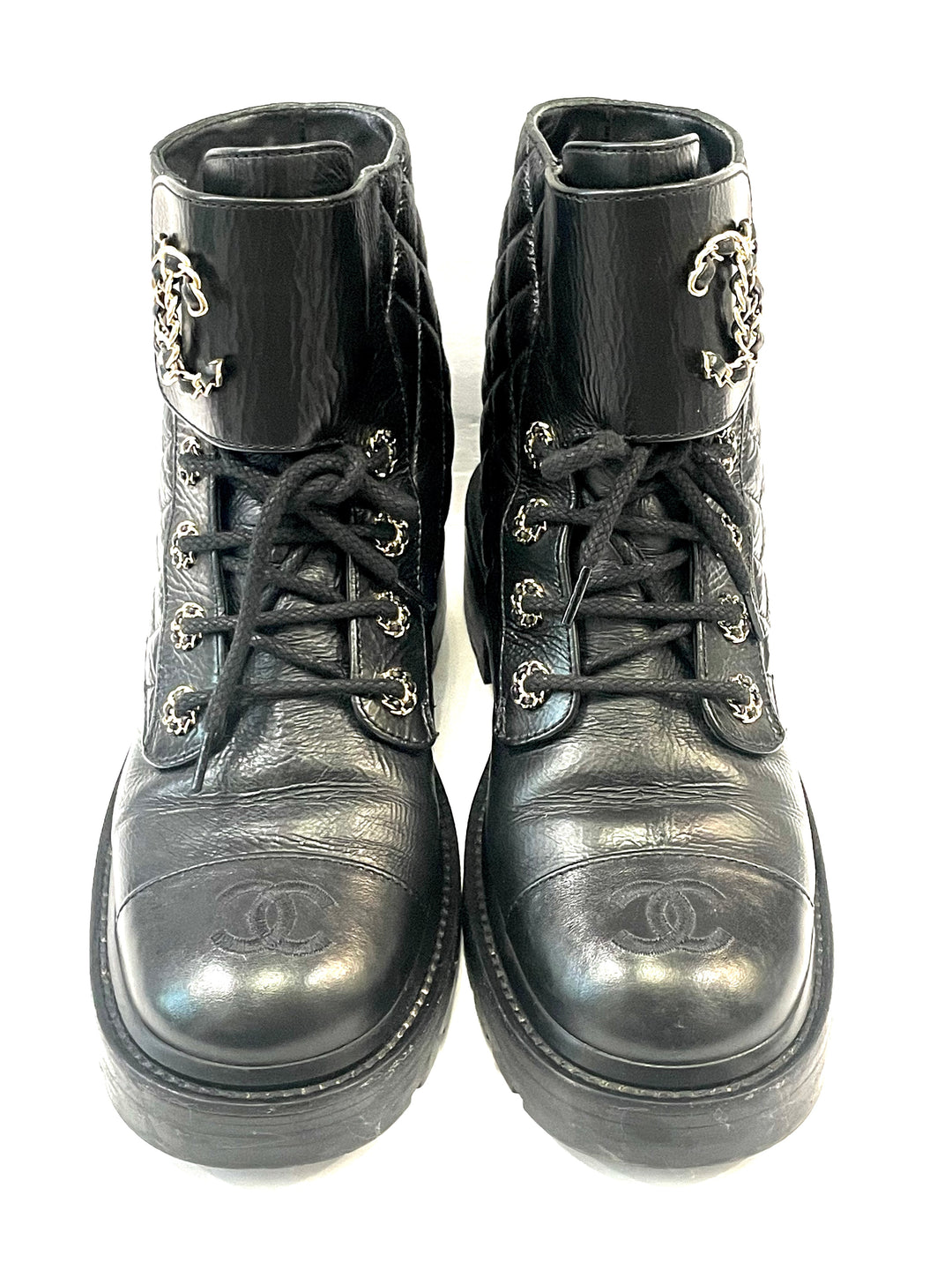 CHANEL SHINY QUILTED GOATSKIN CALFSKIN LACE-UP COMBAT BOOTS