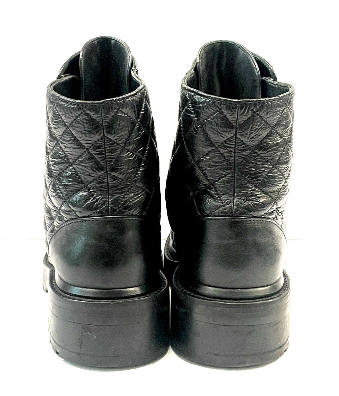 CHANEL SHINY QUILTED GOATSKIN CALFSKIN LACE-UP COMBAT BOOTS