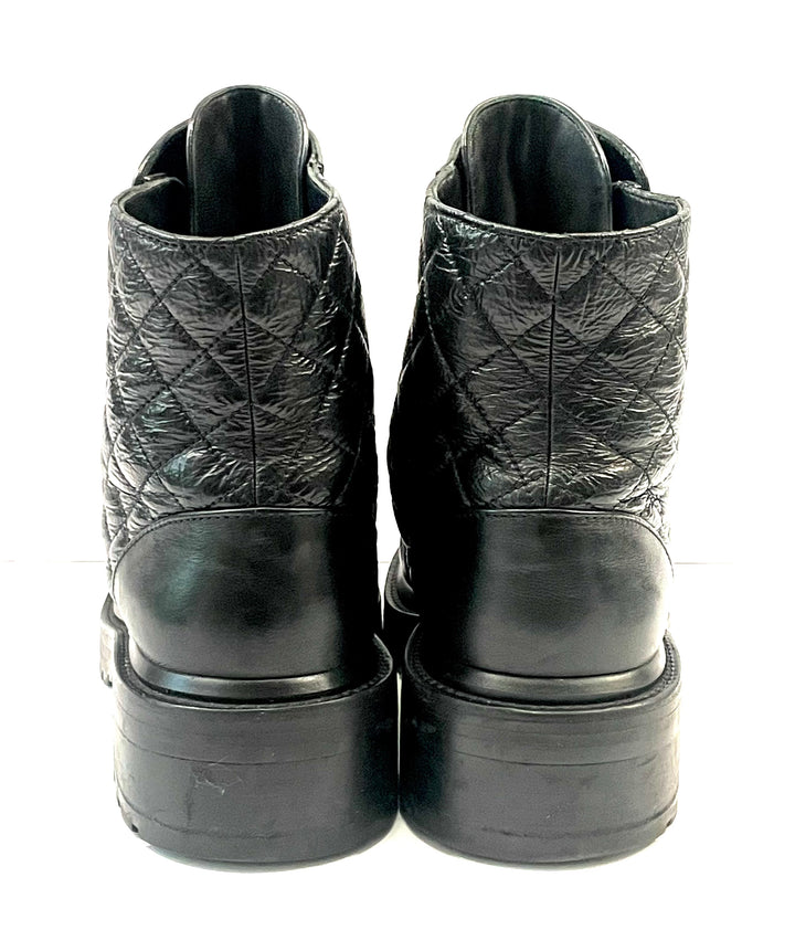 CHANEL SHINY QUILTED GOATSKIN CALFSKIN LACE-UP COMBAT BOOTS