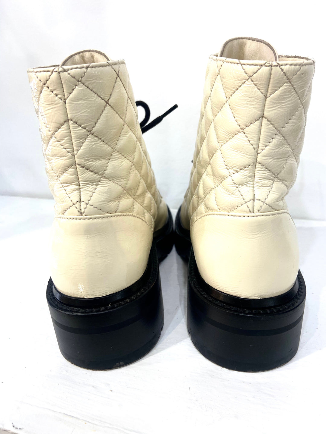 CHANEL SHINY GOATSKIN QUILTED CALFSKIN LACE UP COMBAT BOOTS
