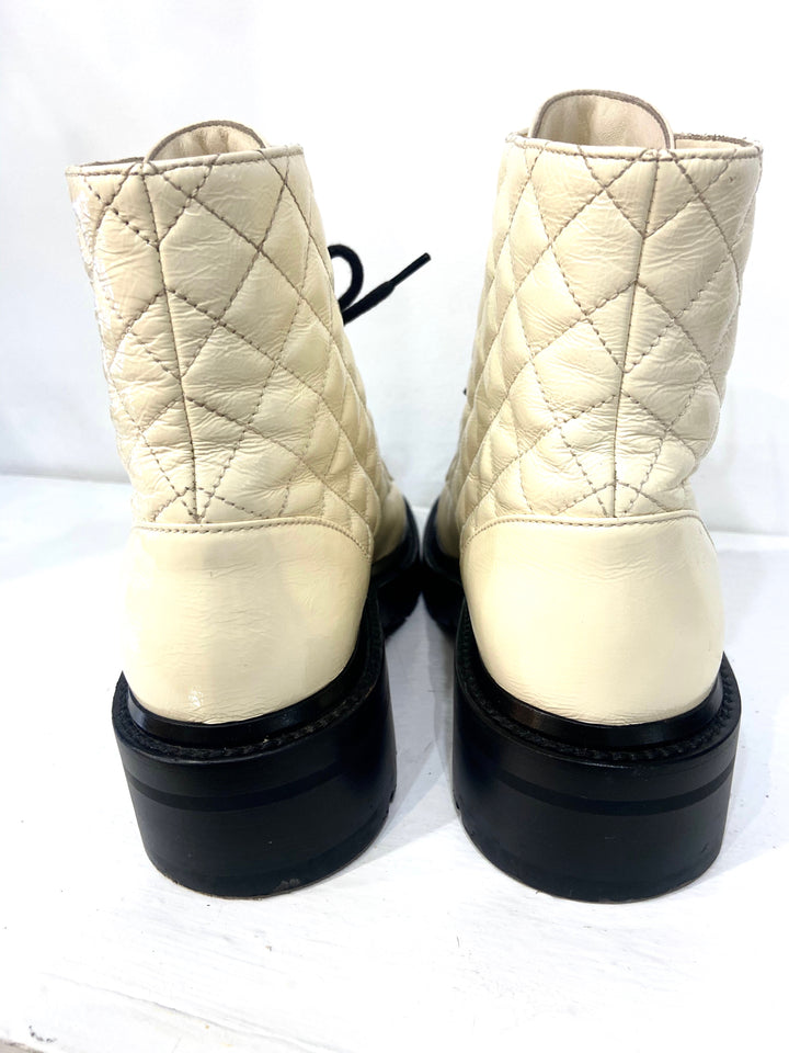 CHANEL SHINY GOATSKIN QUILTED CALFSKIN LACE UP COMBAT BOOTS