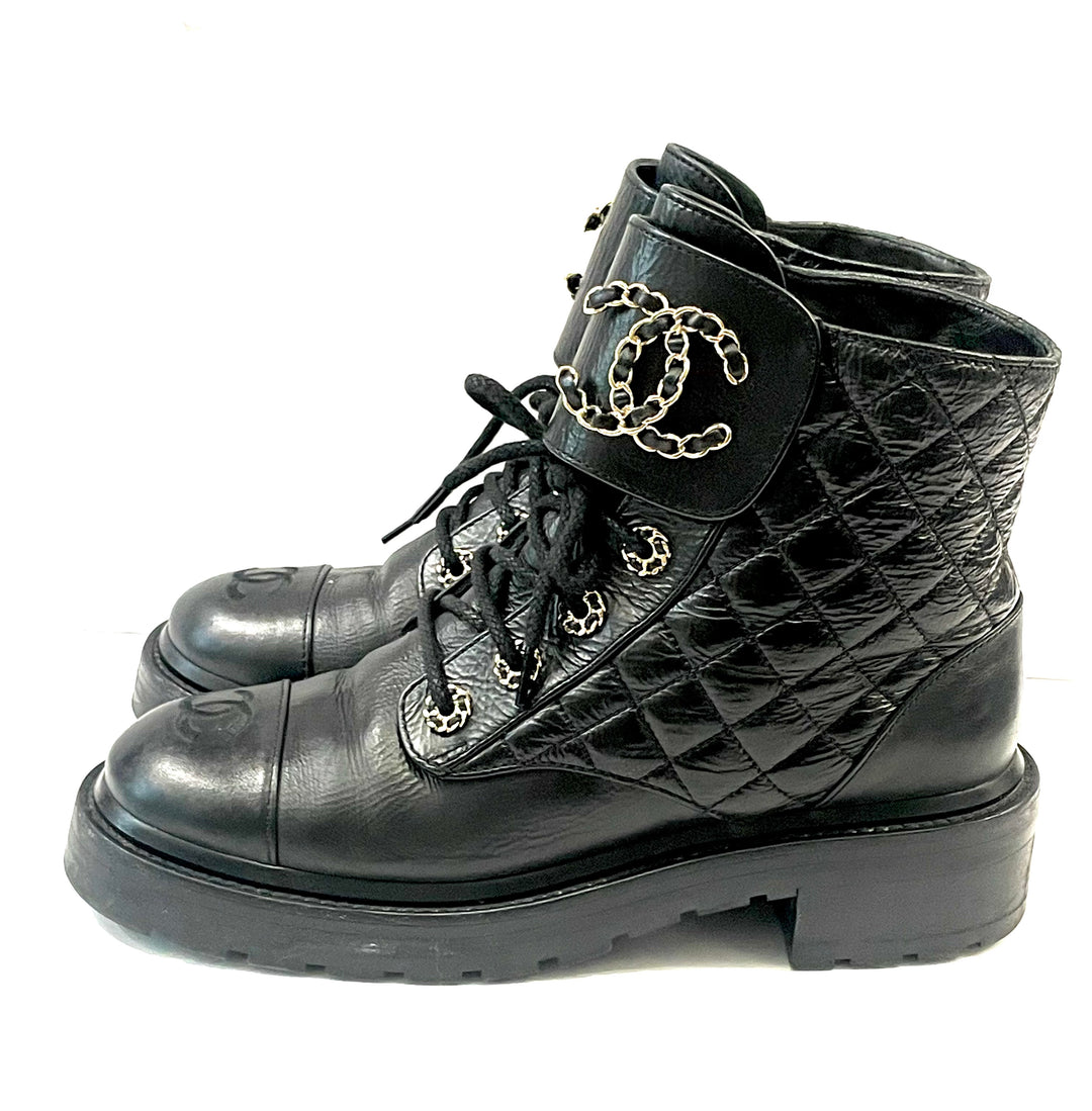CHANEL SHINY QUILTED GOATSKIN CALFSKIN LACE-UP COMBAT BOOTS