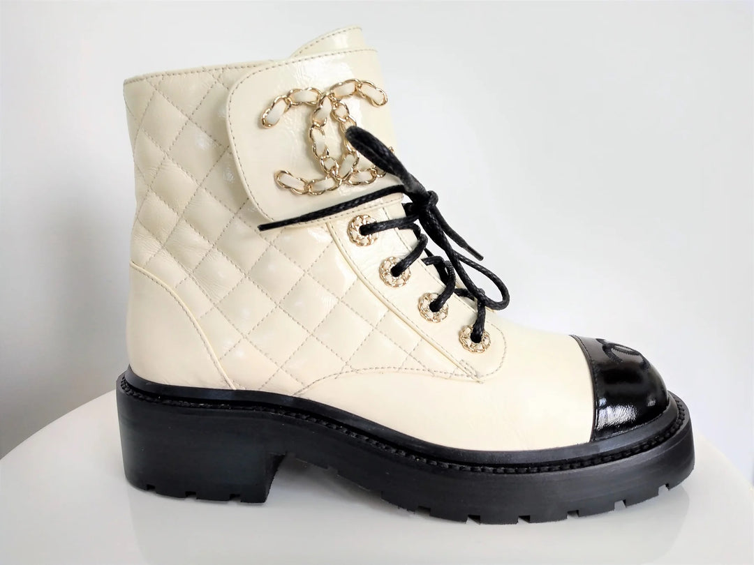 CHANEL SHINY GOATSKIN QUILTED CALFSKIN LACE UP COMBAT BOOTS