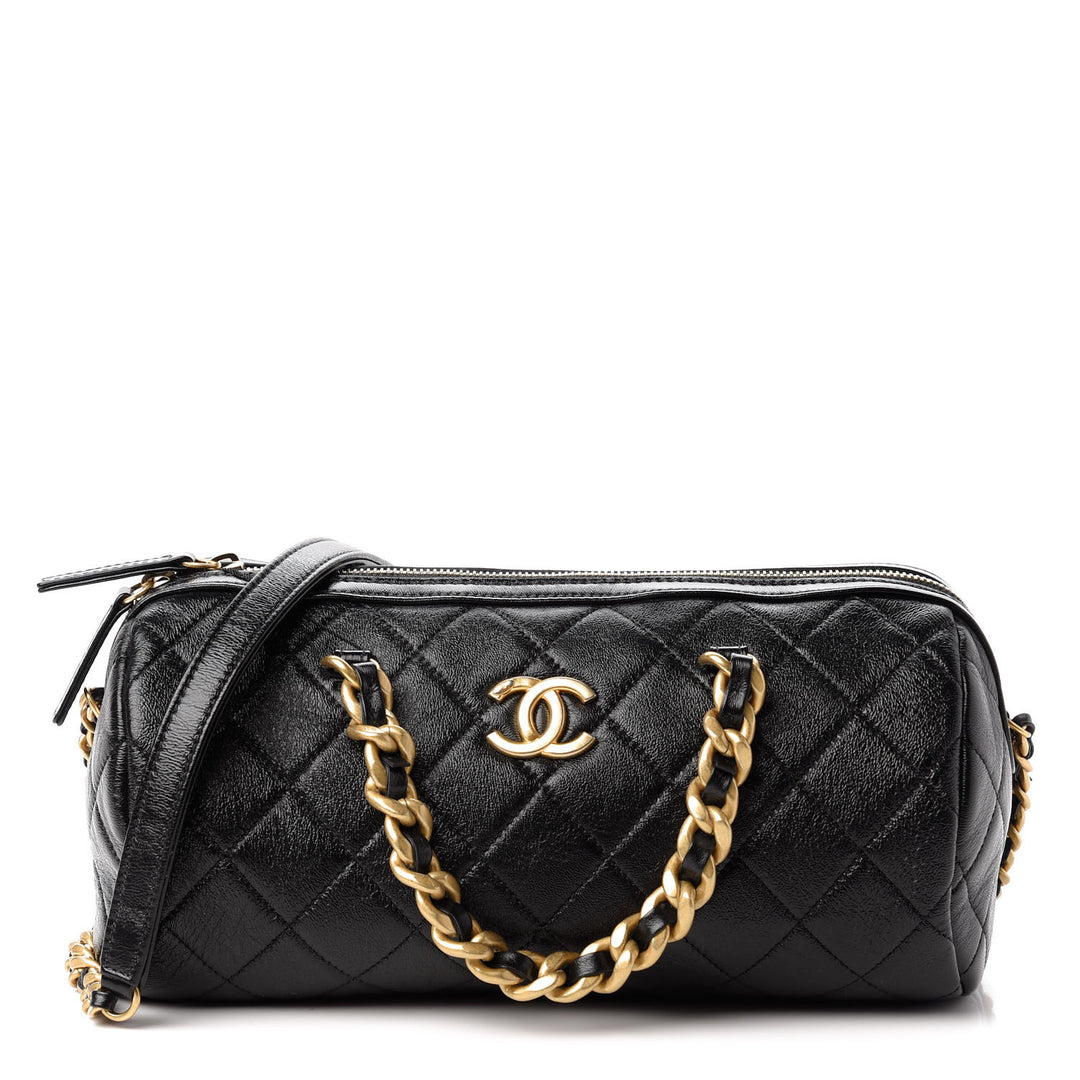 CHANEL CC SHINY QUILTED LAMBSKIN MINI BOWLING BAG