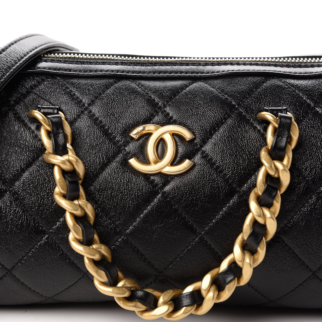 CHANEL CC SHINY QUILTED LAMBSKIN MINI BOWLING BAG