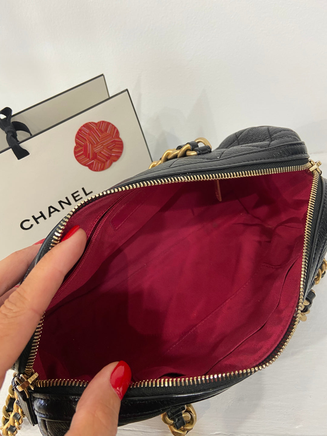CHANEL CC SHINY QUILTED LAMBSKIN MINI BOWLING BAG