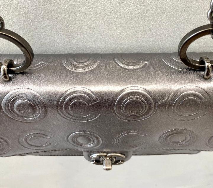 CHANEL METALLIC SILVER CALFSKIN COCO EMBOSSED SHOULDER BAG