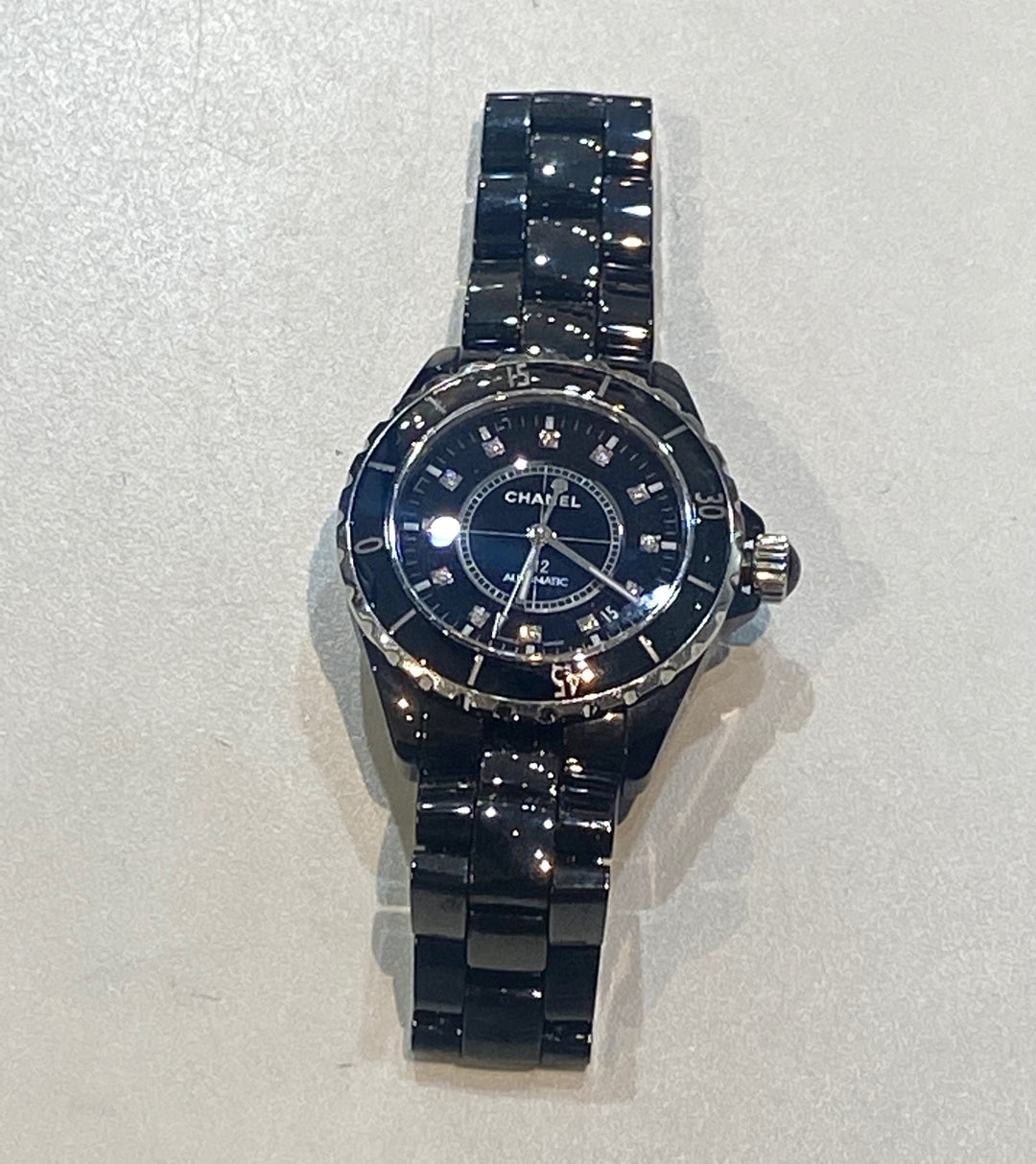 CHANEL STAINLESS STEEL CERAMIC DIAMONDS 38MM J12 AUTOMATIC WATCH