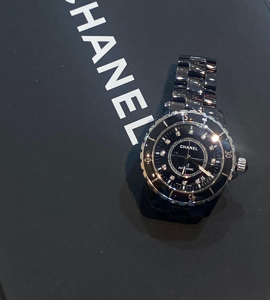 CHANEL STAINLESS STEEL CERAMIC DIAMONDS 38MM J12 AUTOMATIC WATCH