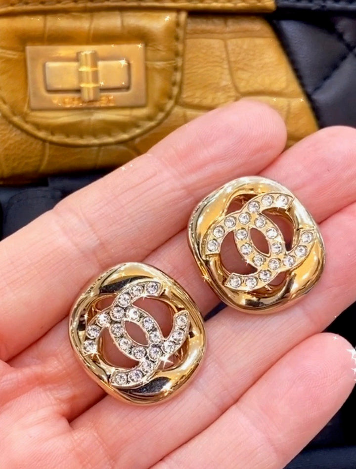CHANEL STRASS GOLD PLATED CRYSTAL STUD EARRINGS