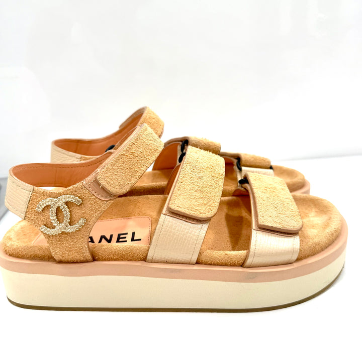CHANEL CC SUEDE CALFSKIN VELCRO COMFORT SANDALS