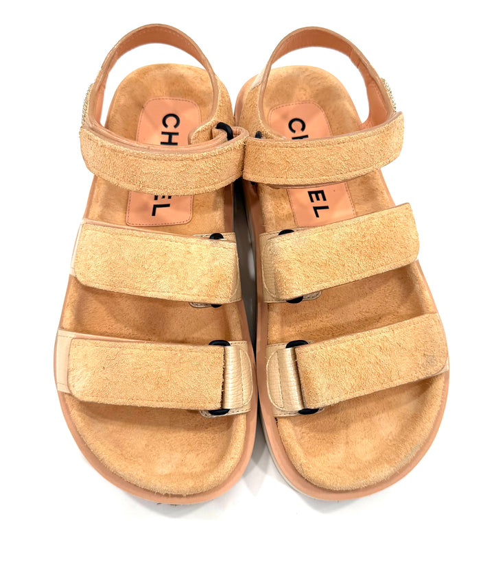 CHANEL CC SUEDE CALFSKIN VELCRO COMFORT SANDALS