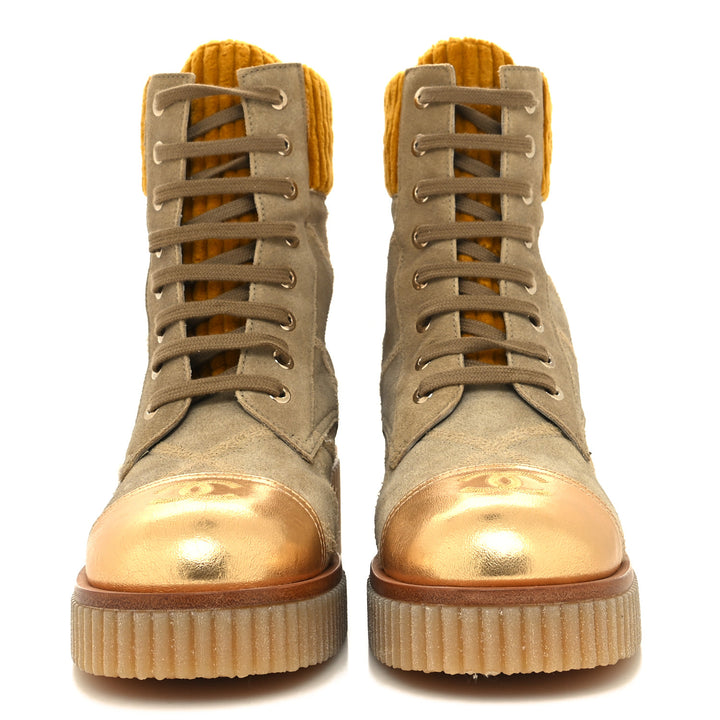 CHANEL QUILTED SUEDE CALFSKIN VELVET LAMINATED CC COMBAT BOOTS