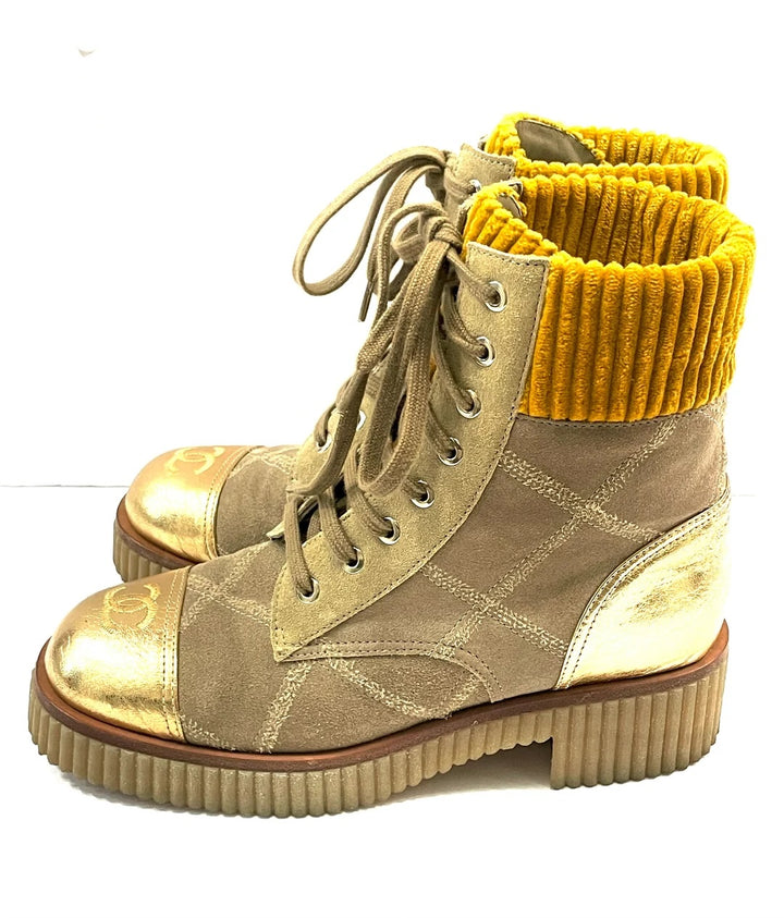 CHANEL QUILTED SUEDE METALLIC CALFSKIN VELVET COMBAT BOOTS