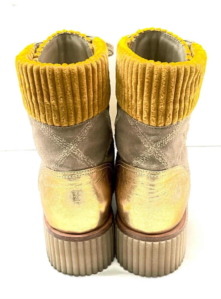 CHANEL QUILTED SUEDE METALLIC CALFSKIN VELVET COMBAT BOOTS