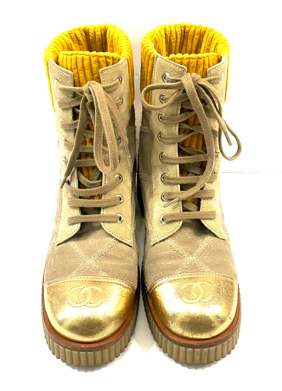 CHANEL QUILTED SUEDE CALFSKIN VELVET LAMINATED CC COMBAT BOOTS