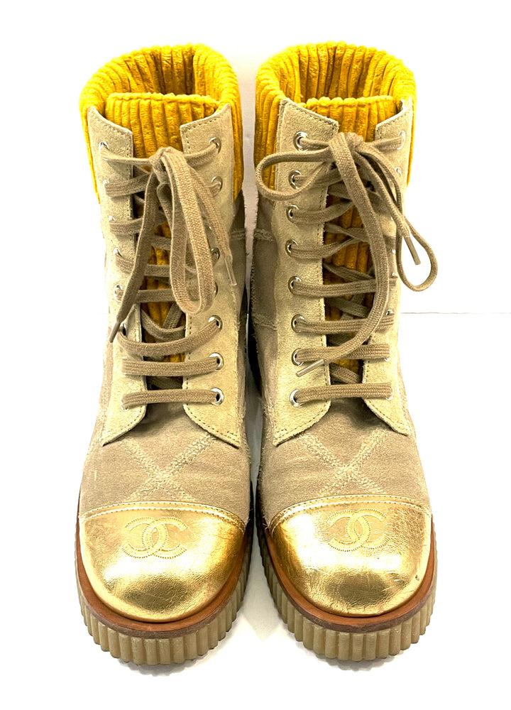 CHANEL QUILTED SUEDE CALFSKIN VELVET LAMINATED CC COMBAT BOOTS