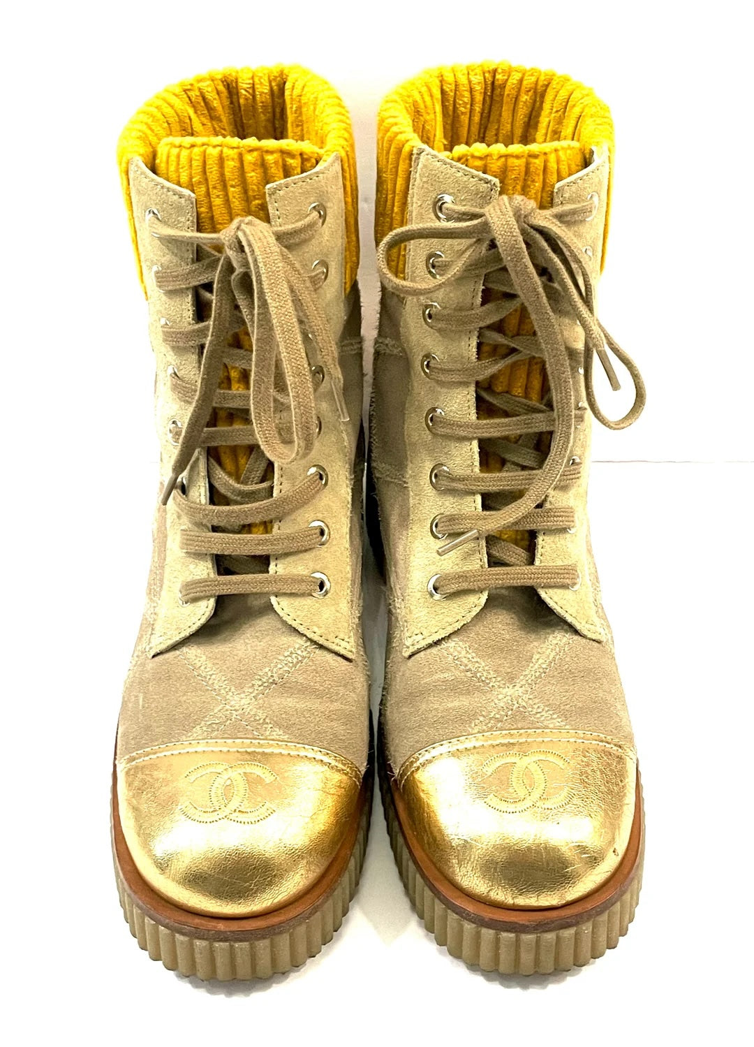 CHANEL QUILTED SUEDE METALLIC CALFSKIN VELVET COMBAT BOOTS