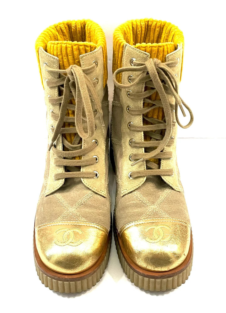 CHANEL QUILTED SUEDE METALLIC CALFSKIN VELVET COMBAT BOOTS