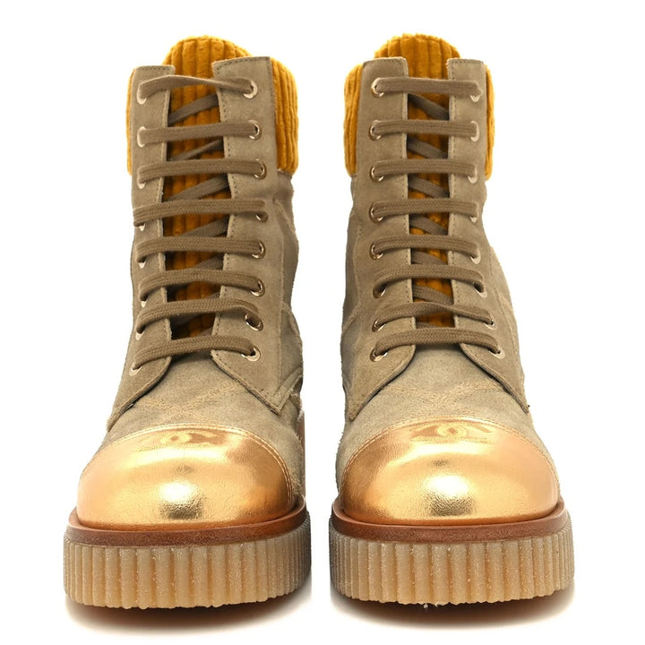 CHANEL QUILTED SUEDE METALLIC CALFSKIN VELVET COMBAT BOOTS