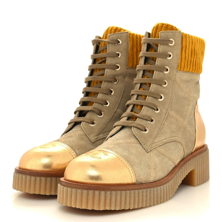 CHANEL QUILTED SUEDE METALLIC CALFSKIN VELVET COMBAT BOOTS