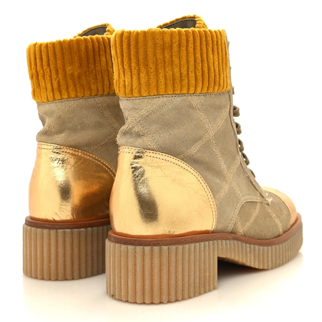 CHANEL QUILTED SUEDE METALLIC CALFSKIN VELVET COMBAT BOOTS