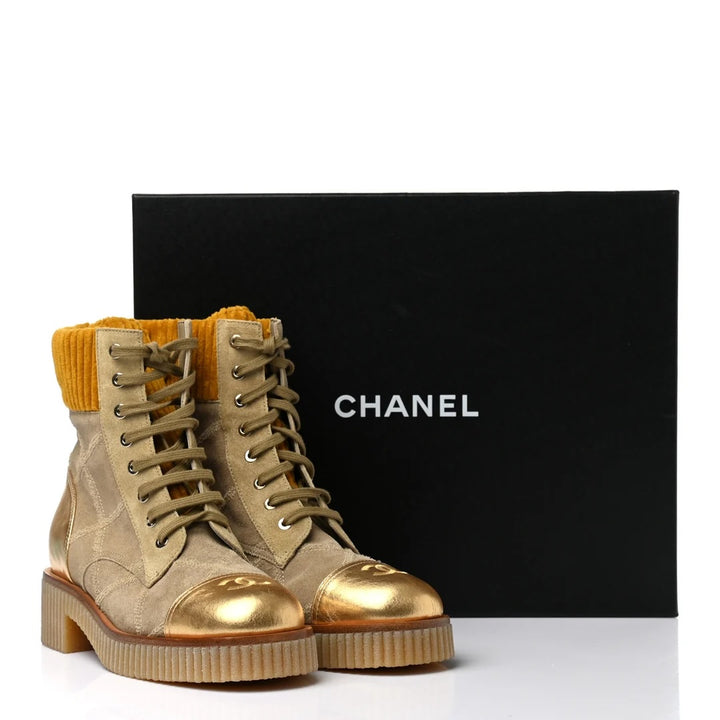CHANEL QUILTED SUEDE METALLIC CALFSKIN VELVET COMBAT BOOTS