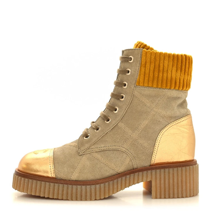 CHANEL QUILTED SUEDE METALLIC CALFSKIN VELVET COMBAT BOOTS
