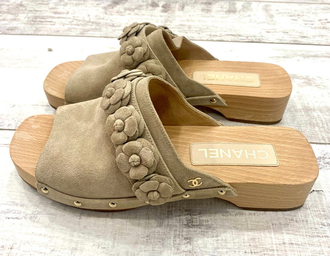 CHANEL CALFSKIN SUEDE CAMELLIA MULES CLOGS