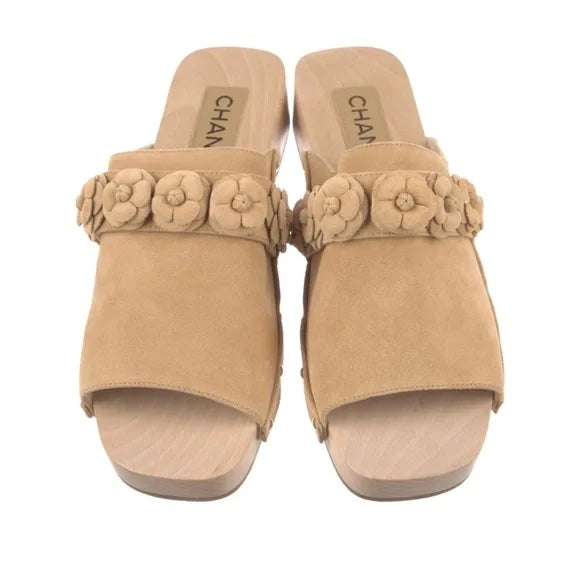 CHANEL CALFSKIN SUEDE CAMELLIA MULES CLOGS