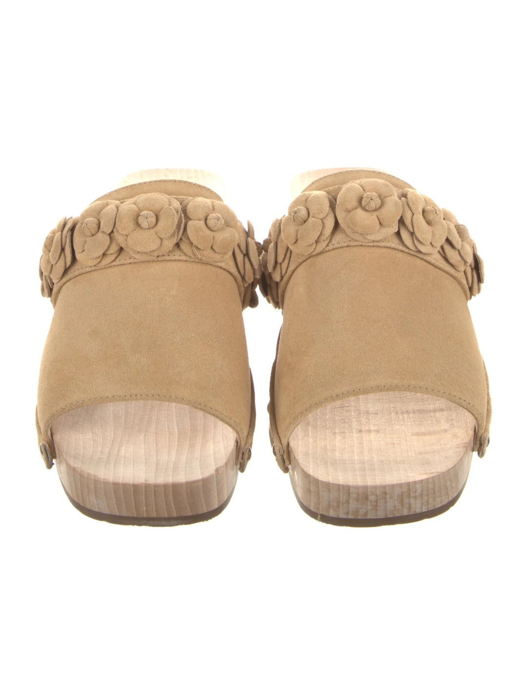 CHANEL CALFSKIN SUEDE CAMELLIA MULES CLOGS