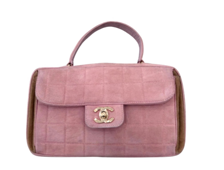 CHANEL SUEDE CHOCOLATE BAR TOP HANDLE FLAP BAG IN PINK