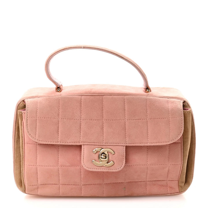 CHANEL SUEDE CHOCOLATE BAR TOP HANDLE FLAP BAG IN PINK